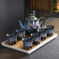 茶壶套装家用陶瓷茶杯茶具烘焙精灵客厅现代简约6只装大号杯子欧式送 窑变拉丝蓝梅花茶具+长方茶盘(收藏加购送滤网壶绳茶巾)