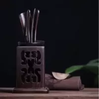 黑檀木茶道六君子 功夫茶具烘焙精灵茶盘配件双鱼圆杯垫零配茶艺6君子 黑檀木四方镂空茶道六君子+茶巾壶笔