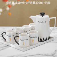 水杯家用陶瓷轻奢风冷烘焙精灵水壶套装凉水壶大容量创意杯子北欧水 大格1壶6杯+白托盘300ml杯黑把手八角杯英文数字