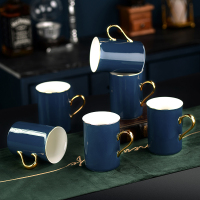 北欧冷水壶水具套装家用烘焙精灵轻奢水杯玻璃水壶陶瓷茶杯茶具客厅带托盘 海空蓝6只水杯(手把金)