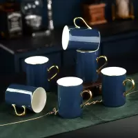 北欧冷水壶水具套装家用烘焙精灵轻奢水杯玻璃水壶陶瓷茶杯茶具客厅带托盘 海空蓝6只水杯(手把金)
