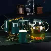 北欧冷水壶水具套装家用烘焙精灵轻奢水杯玻璃水壶陶瓷茶杯茶具客厅带托盘 祖母绿6件套+金架(手把金)+壶