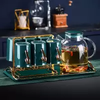 北欧冷水壶水具套装家用烘焙精灵轻奢水杯玻璃水壶陶瓷茶杯茶具客厅带托盘 祖母绿6件套+金架(手把金)+壶+托盘