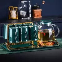 北欧冷水壶水具套装家用烘焙精灵轻奢水杯玻璃水壶陶瓷茶杯茶具客厅带托盘 祖母绿6件套+金架(手把线条金)+壶+托盘