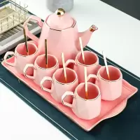 北欧泡茶具杯子套装茶杯家用轻奢烘焙精灵水杯茶壶花陶瓷水具杯具客厅礼品 俏皮粉套装送金勺(邮购包装)