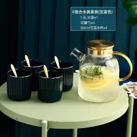 北欧水具套装家用轻奢玻璃烘焙精灵水杯套装客厅杯子茶杯茶具花茶壶套装 鎏光金[1.8升壶4宝石蓝陶瓷杯4勺]