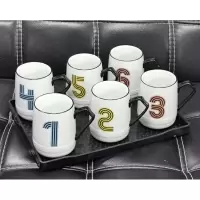 北欧水具套装 彩色数字杯 精致时尚烘焙精灵 家庭家用水杯 茶具水壶套装 6个杯+短盘(黑色)