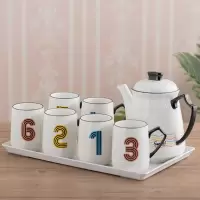 北欧水具套装 彩色数字杯 精致时尚烘焙精灵 家庭家用水杯 茶具水壶套装 6杯+长盘(白色)+小壶