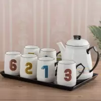 北欧水具套装 彩色数字杯 精致时尚烘焙精灵 家庭家用水杯 茶具水壶套装 6杯+长盘(黑色)+小壶