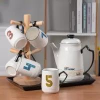 北欧水具套装 彩色数字杯 精致时尚烘焙精灵 家庭家用水杯 茶具水壶套装 6杯+长盘(黑纹)+木架+大壶