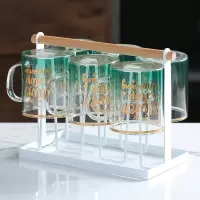 家用轻奢玻璃水杯套装客厅北欧烘焙精灵简约水壶水具茶杯茶具喝水杯子套杯 莫兰迪6个杯+杯架