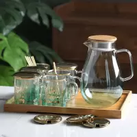 家用轻奢玻璃水杯套装客厅北欧烘焙精灵简约水壶水具茶杯茶具喝水杯子套杯 莫兰迪一壶六杯一托盘+6杯盖