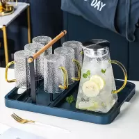 家庭轻奢水杯杯具套装家用烘焙精灵客厅玻璃水具喝水杯子茶壶整套带托盘 轻奢玻璃水具9件套[252]配送6勺子