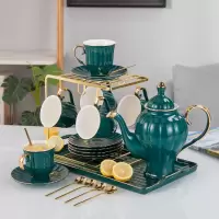 祖母绿水具陶瓷套装水壶家用烘焙精灵客厅耐热水杯水壶咖啡茶具套装 绿油紫荆花15头6杯碟壶盘加金架