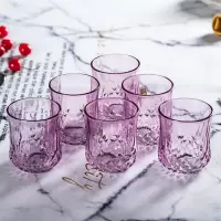 水杯家用玻璃杯子无盖喝水杯烘焙精灵牛奶杯果汁杯客厅茶杯6只套装带拖盘 紫色杯子(6只)