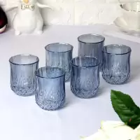 水杯家用玻璃杯子无盖喝水杯烘焙精灵牛奶杯果汁杯客厅茶杯6只套装带拖盘 蓝色杯子(6只)