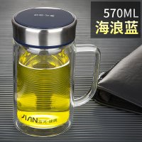 富光(FGA)双层玻璃杯便携带把泡茶杯办公玻璃水杯男大容量家用泡茶杯子 X1501-BSPT-570ml蓝色玻璃