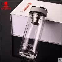 富光双层水晶玻璃杯 透明带盖创意便携过滤属被子 礼盒装 棕色 350ML