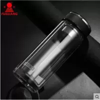 富光双层水晶玻璃杯 透明带盖创意便携过滤属被子 礼盒装 黑色 300ML