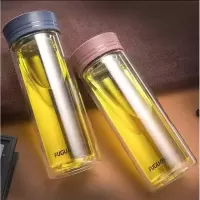 富光玻璃杯水杯男双层泡茶杯隔热便携过滤带盖女随手透明杯子定制 咖啡色 500ML