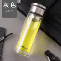 富光双层隔热带盖水杯男便携家用泡茶杯透明玻璃杯 灰色 360ML