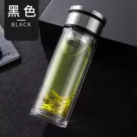 富光双层隔热带盖水杯男便携家用泡茶杯透明玻璃杯 黑色