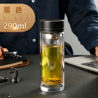 富光(FGA)高端商务玻璃水杯男女式带滤网茶水分离泡茶杯便携带把水杯子 290ml黑色双层玻璃杯