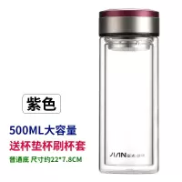 富光(FGA)双层玻璃杯带盖过滤茶杯学生随手杯家用简约口杯便携水杯刻字 500ml紫红