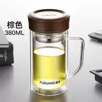 富光(FGA)双层玻璃杯带把手柄办公家用喝水杯男大容量带盖过滤泡茶杯子 380ml棕色