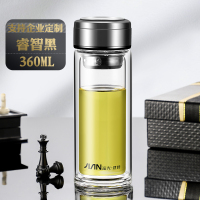 富光(FGA)玻璃杯双层加厚过滤泡茶水杯便携透明杯子男女耐热茶杯 黑色360ml(升级厚底+钢盖)(送杯套+杯刷)