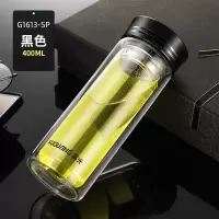 富光(FGA)玻璃杯双层大容量水杯子男女车载便携透明耐热家用过滤泡茶杯 400ml黑色(送杯套+杯刷)