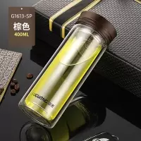 富光(FGA)玻璃杯双层大容量水杯子男女车载便携透明耐热家用过滤泡茶杯 400ml棕色(送杯套+杯刷)