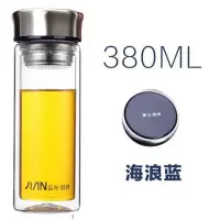 富光(FGA)玻璃杯 大容量家用男女双层泡茶杯便携水杯过滤定制杯子 380毫升蓝色1501送杯刷杯套杯垫