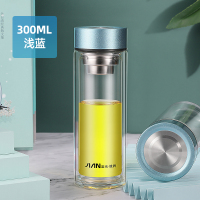 富光(FGA)双层玻璃杯男女加厚商务透明喝茶杯子过滤办公室泡茶水杯 蓝色300ml(钢盖+加厚底)(送杯套+杯刷)