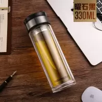 富光(FGA)双层玻璃杯随手杯男女便携耐热大容量带盖过滤泡茶水杯子 330ML黑色