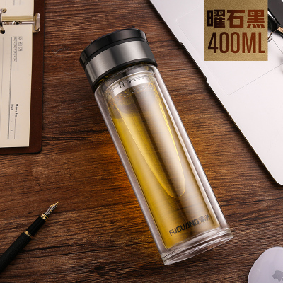 富光(FGA)玻璃杯便携单层泡茶杯男过滤随手水杯子大容量加厚 双层400ml黑色+杯套杯刷