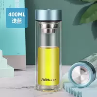 富光(FGA)玻璃杯男士透明双层商务加厚过滤喝茶杯子家用隔热女水杯 400ml-蓝色(杯身免费刻字送杯套杯刷)