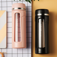 富光(FGA)玻璃杯双层水杯女可爱便携夏天大容量茶水分离泡茶杯子男 情侣款(黑色400ml+粉色400ml)