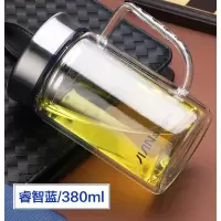 富光(FGA)玻璃杯水杯大容量双层办公杯带手柄男士商务家用带盖过滤杯子 蓝色380ml办公杯