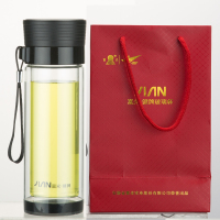 富光(FGA)玻璃杯双层带盖带滤网水杯子创意商务车载便携过滤办公茶杯男 水晶黑底280ml[精美礼盒]