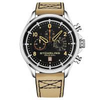 STUHRLING 男士 Aviator 经典时尚 日历防水 飞行员计时皮革黑色表盘石英手表M15552