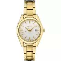 SEIKO女士金 tone不锈钢表带防水石英手表29.8mm白面日期显示