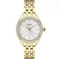 SEIKO/精工 水晶系列女士手表 时尚百搭优雅气质三针镶晶表圈圆盘金色钢带商务休闲石英表
