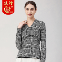 丝煌桑蚕丝长袖t恤女宽松2022年春秋V领黑白格打底衫针织上衣
