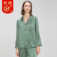 19姆米真丝睡衣女100%桑蚕丝长袖长裤套装简约纯色丝绸家居服