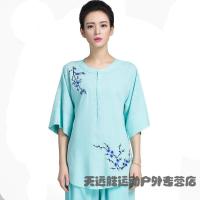 刺绣夏季短袖太极拳服装中袖亚麻棉绣花武术练功服女