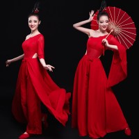 2018新款古典舞演出服女飘逸中国风伞舞现代舞蹈服装水袖仙女红色(不带头饰)