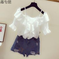 莆兮思puxisi一字领吊带衬衫荷叶边露肩上衣潮宽松2019夏季新款女短袖韩版显瘦