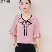 莆兮思puxisi[M-4XL不透大码女装]短袖雪纺衫女2019夏新遮肚子喇叭袖衬衫女