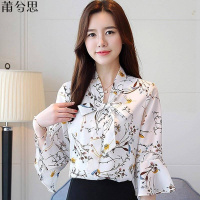 莆兮思puxisi2019春夏季女装新款短袖雪纺碎花衬衫上衣服喇叭袖超仙显瘦打底衫